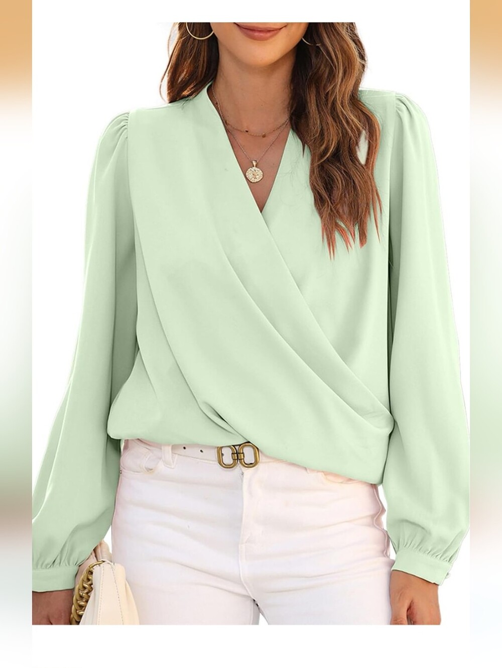 Mint Green Surplice Blouse - Women's Draped Long Sleeve Top